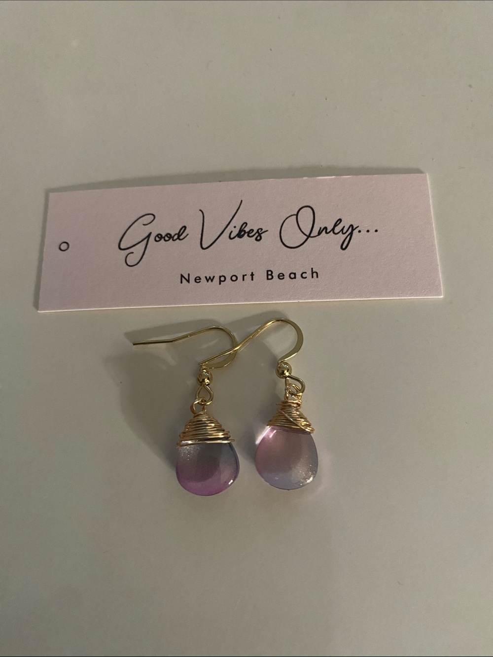 Gold Wire Pink Lavender Teardrop Dangle Earrings